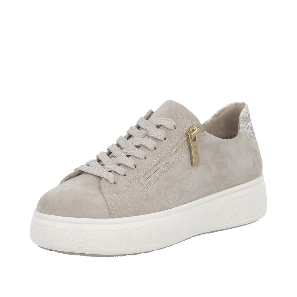 Rieker M7701-60 women's off-white suede sneaker with lace-up, side zipper, and chunky white sole.