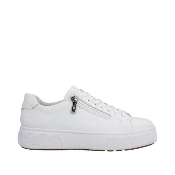 White leather women's sneaker with zip and lace-up front, chunky sole, and silver zipper detail.