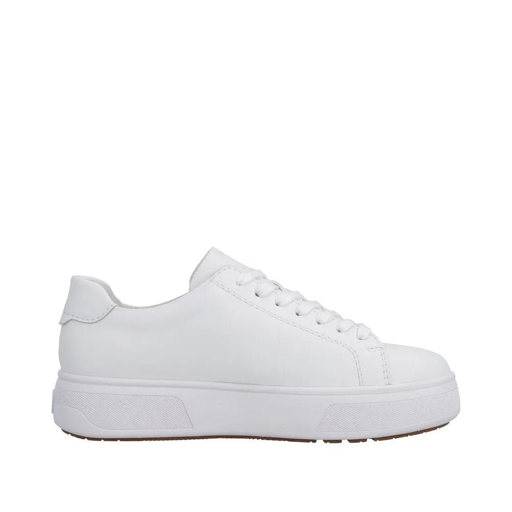 White leather women's sneakers with lace-up front, side zipper, and chunky sole.