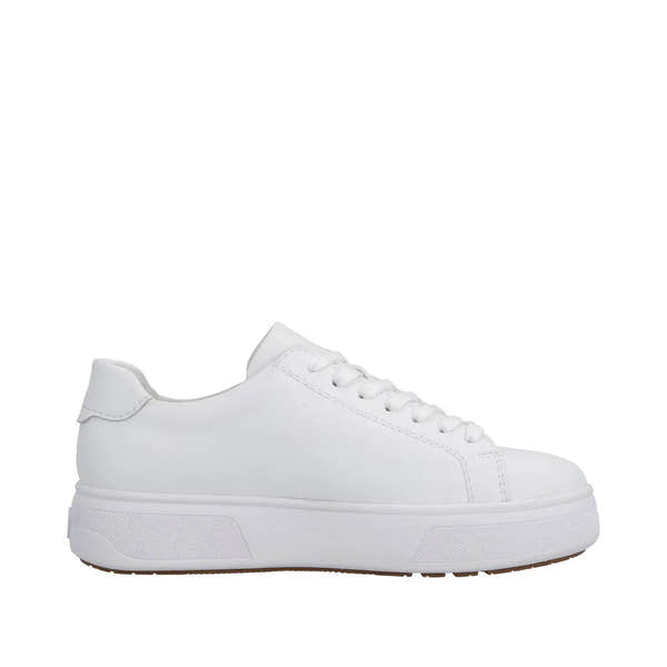 White leather women's sneakers with lace-up front, side zipper, and chunky sole.