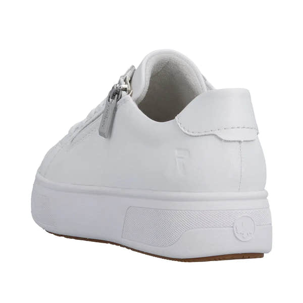 White leather ladies' sneaker with zipper and lace-up design, platform sole, and subtle "F" embossing at the back.