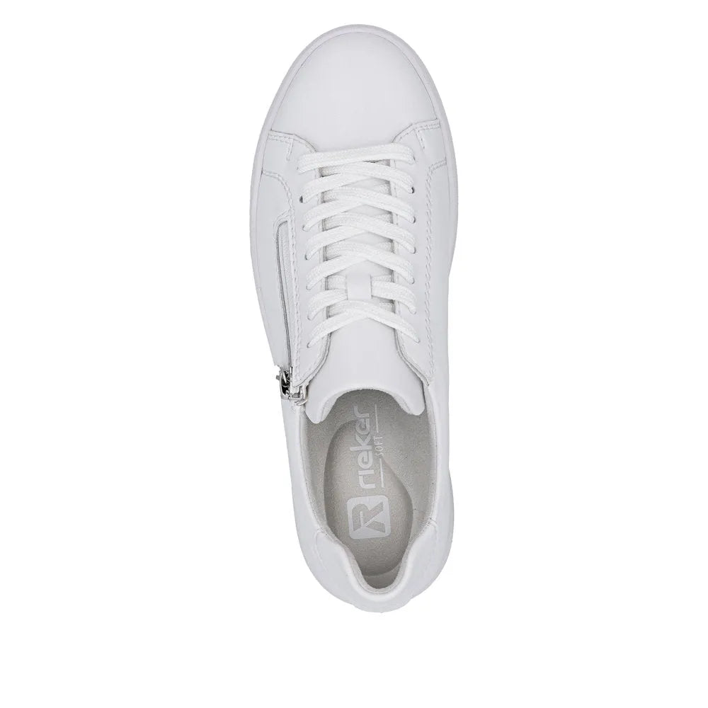 White leather ladies' sneaker with lace-up and side zipper, cushioned sole, and sporty style.