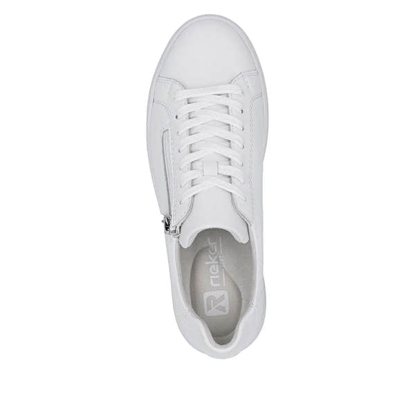 White leather ladies' sneaker with lace-up and side zipper, cushioned sole, and sporty style.