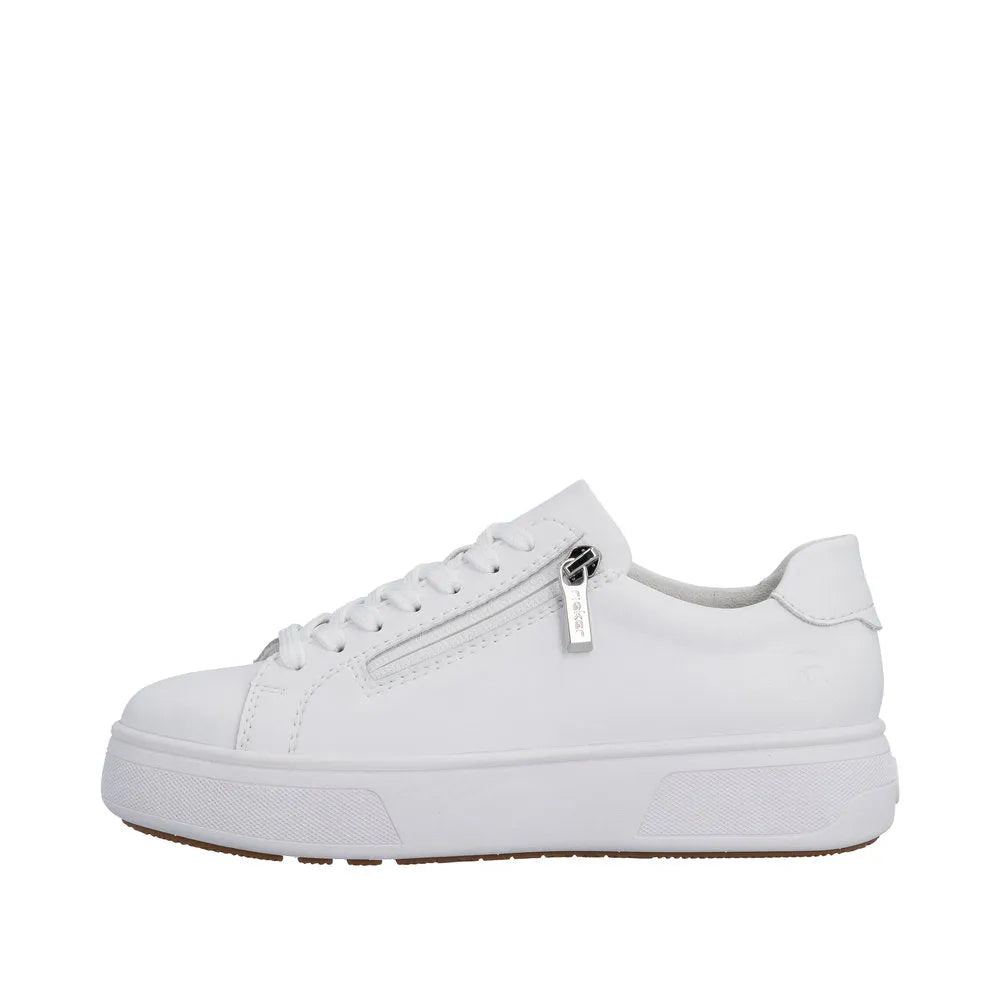 White leather women's sneakers with lace-up, side zipper, and chunky sole.