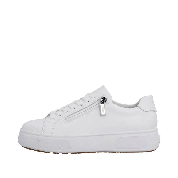 White leather women's sneakers with lace-up, side zipper, and chunky sole.