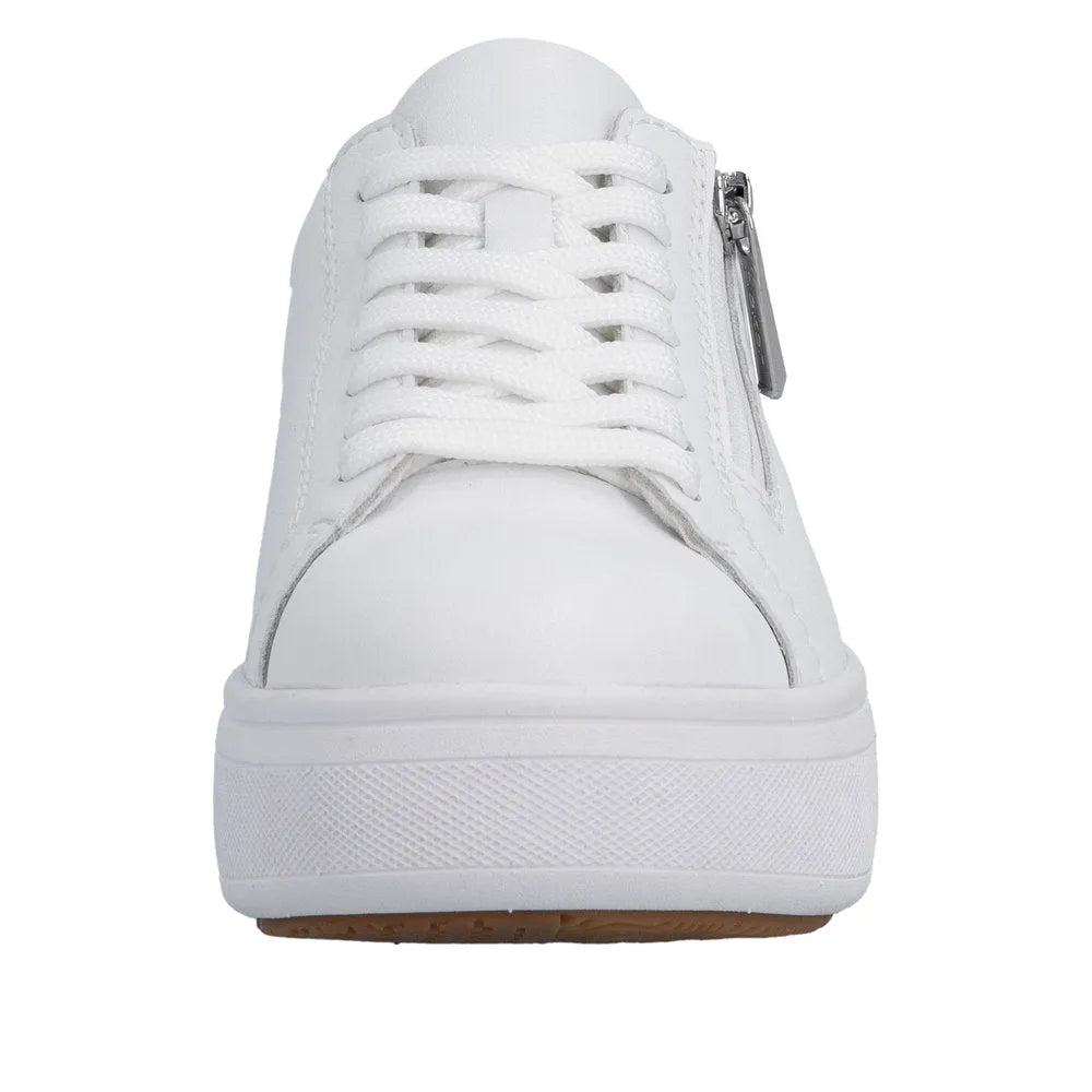 White leather women's sneaker with lace-up front and side zipper, chunky sole, and subtle stitching details.