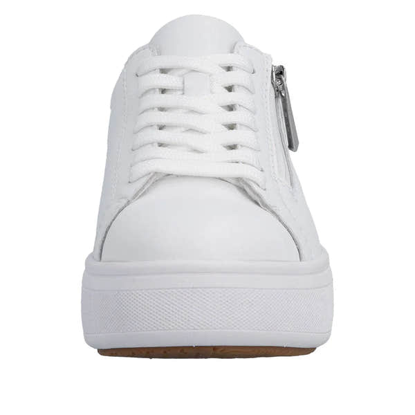 White leather women's sneaker with lace-up front and side zipper, chunky sole, and subtle stitching details.