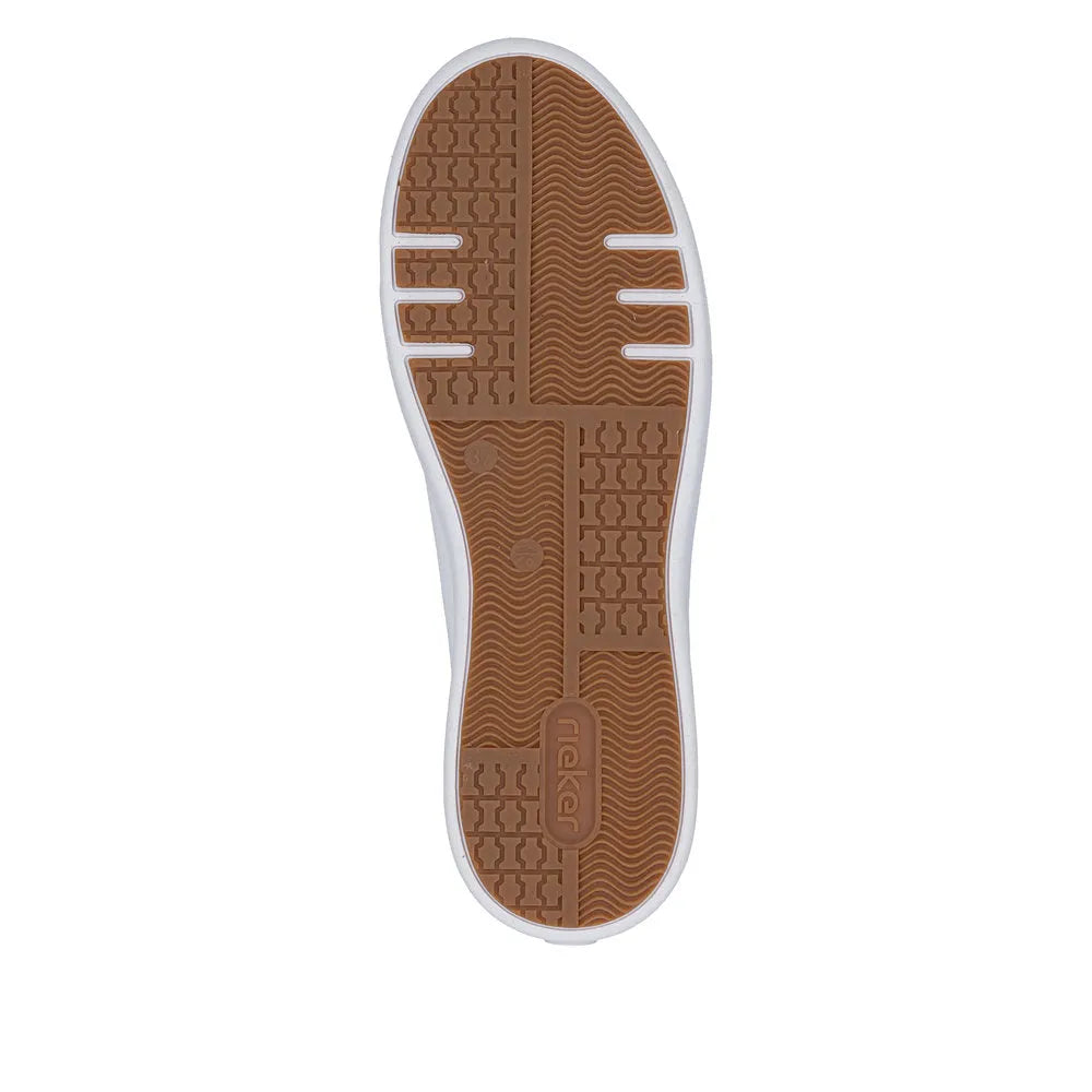 White leather ladies' shoes with zip and lace details, featuring a tan rubber sole with textured grip patterns.