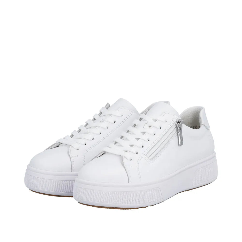 White leather ladies' sneakers with zip and lace-up front, chunky sole, and side zipper detail.