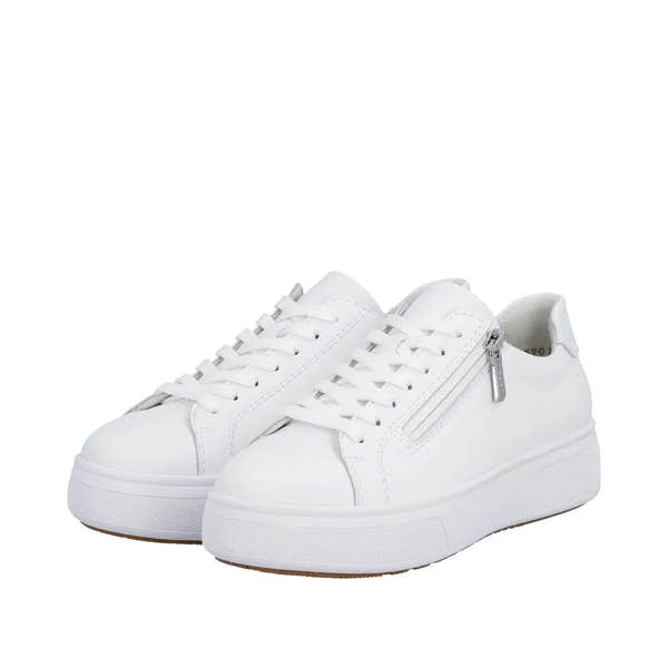 White leather ladies' sneakers with zip and lace-up front, chunky sole, and side zipper detail.