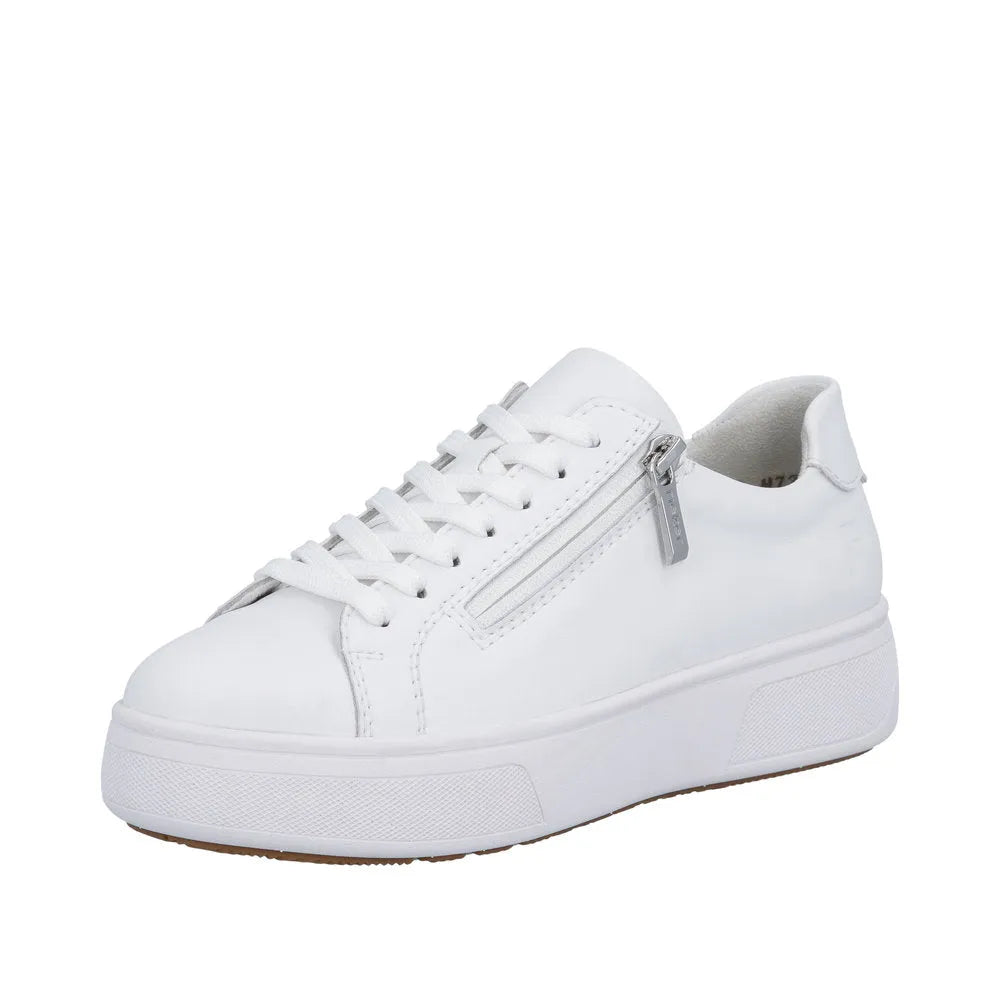 White leather ladies' sneaker with lace-up front and side zipper detail.