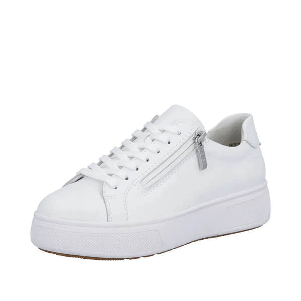 White leather ladies' sneaker with lace-up front and side zipper detail.