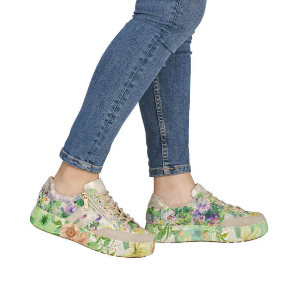 Women's multi-color floral print trainers with side zipper, lace-up detail, and platform sole, made from mixed materials.