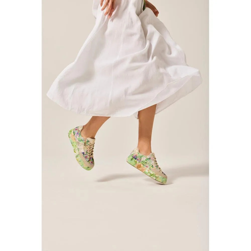 Rieker M7711-91 ladies multi-color sneakers with side zip, floral print, beige laces, and mixed materials.