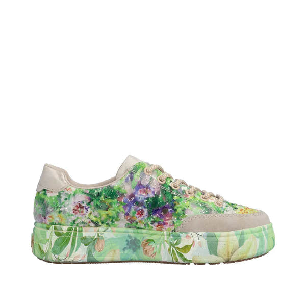 Rieker M7711-91 ladies colorful floral print trainers with side zip, beige accents, and a floral-patterned platform sole.