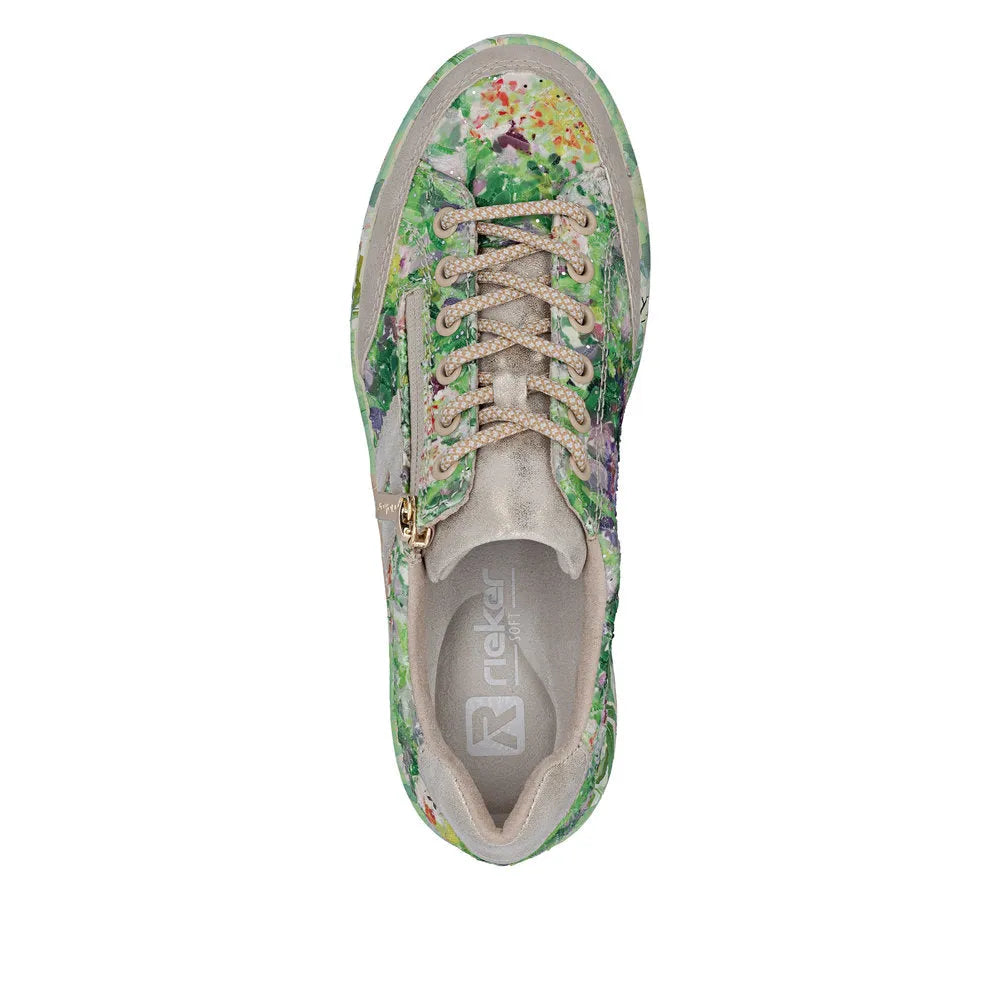 Rieker M7711-91 ladies multicolor canvas side zip trainers with floral pattern, beige laces, and metallic accents.