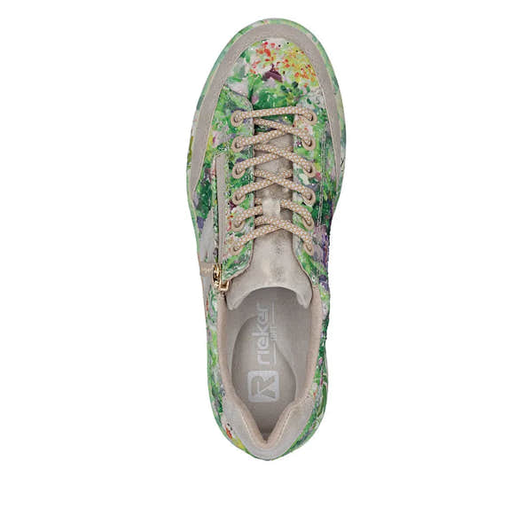 Rieker M7711-91 ladies multicolor canvas side zip trainers with floral pattern, beige laces, and metallic accents.