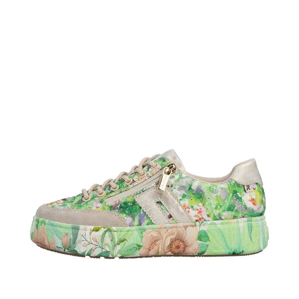 Rieker M7711-91 ladies multi-color floral patterned trainers with side zipper, lace-up front, beige accents, and floral-printed platform sole.
