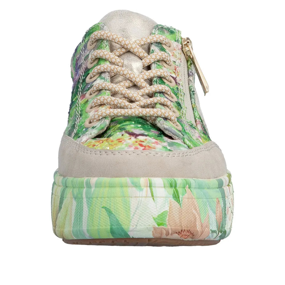 Rieker M7711-91 ladies floral multi-color sneakers with side zip, lace-up closure, beige suede accents, and vibrant patterned sole.