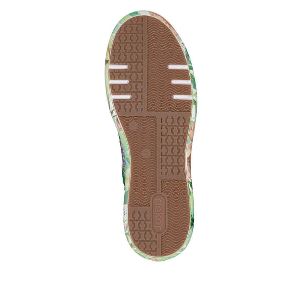 Rieker M7711-91 ladies multi-color trainers with side zipper, rubber sole, floral pattern, and textured brown tread.