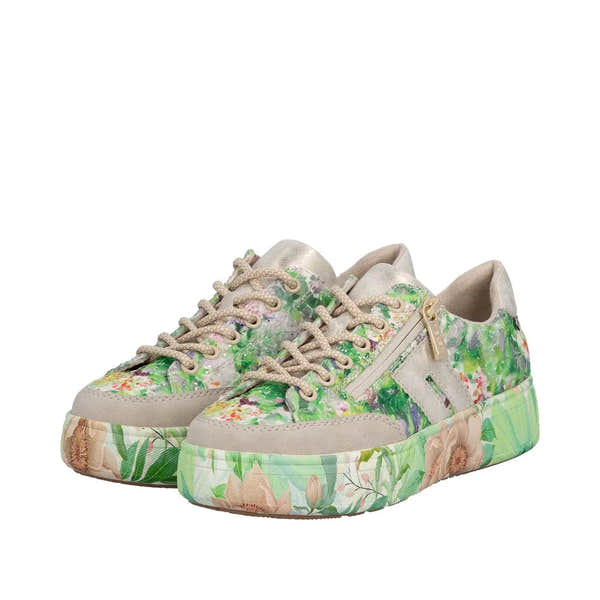 Rieker M7711-91 ladies multicolor trainers with floral pattern, side zip, beige accents, and chunky floral print sole.