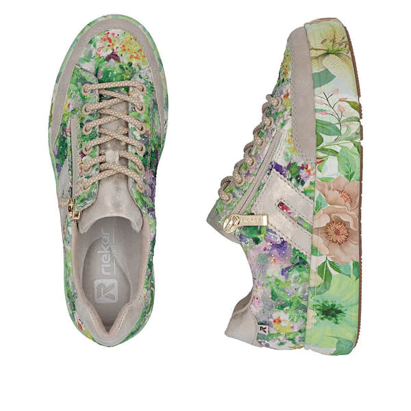 Rieker M7711-91 women's colorful floral side-zip trainers with multicolor fabric, beige accents, and textured laces.