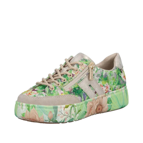 Rieker M7711-91 ladies multi-color floral print sneakers with side zip, beige accents, and a thick, floral-patterned platform sole.