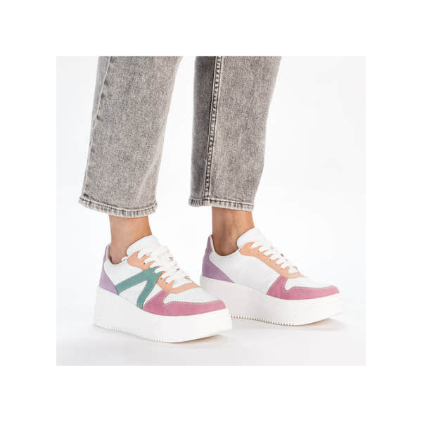 Rieker M7814-90 women's multi-color lace-up trainers with chunky white soles and pastel accents.