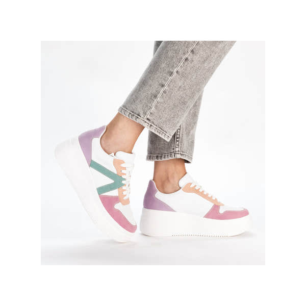 Rieker M7814-90 women's multi-color lace-up trainers with pastel accents, white sole, and casual sporty design.