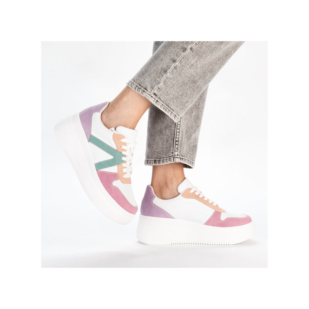 Rieker M7814-90 women's pastel-colored lace-up trainers with chunky white soles and adjustable upper design.