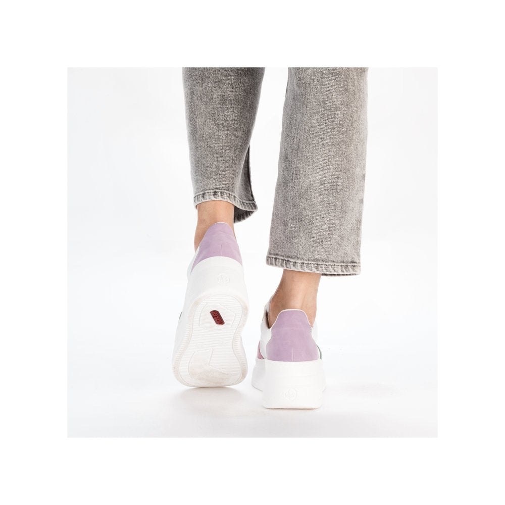 Rieker M7814-90 women's multi lace-up trainers with pastel purple and white design, chunky sole, casual sneaker style.