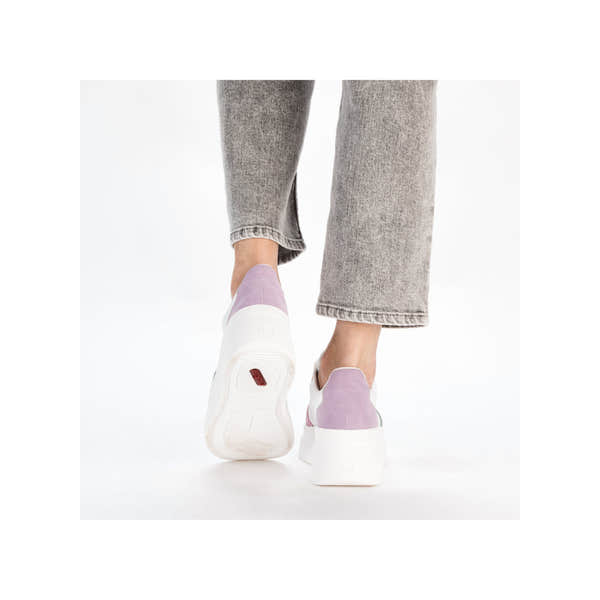 Rieker M7814-90 women's multi lace-up trainers with pastel purple and white design, chunky sole, casual sneaker style.