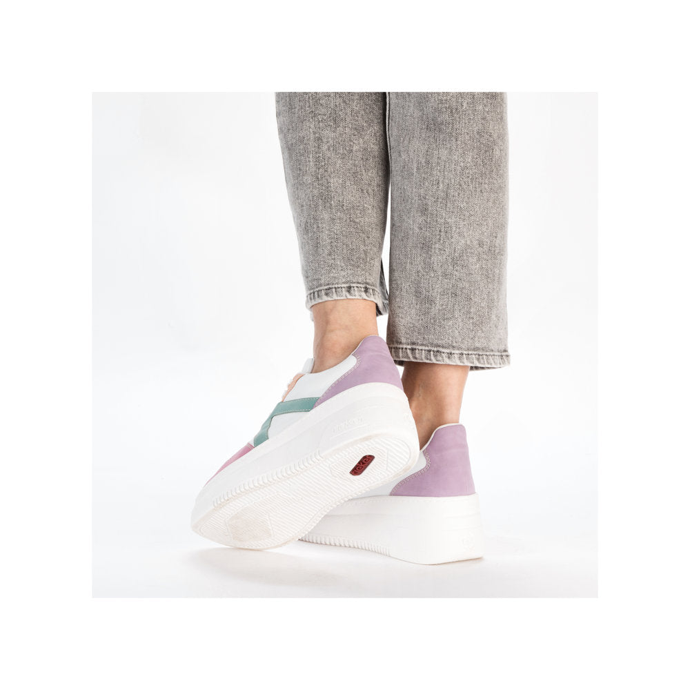 Rieker M7814-90 Ladies multi-color lace-up trainers with chunky white soles and pastel purple, pink, and teal accents.
