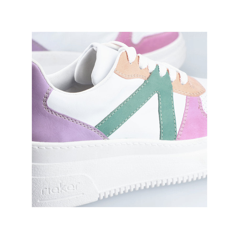 Rieker M7814-90 women's multicolored lace-up trainers with pastel panel details and white sole.