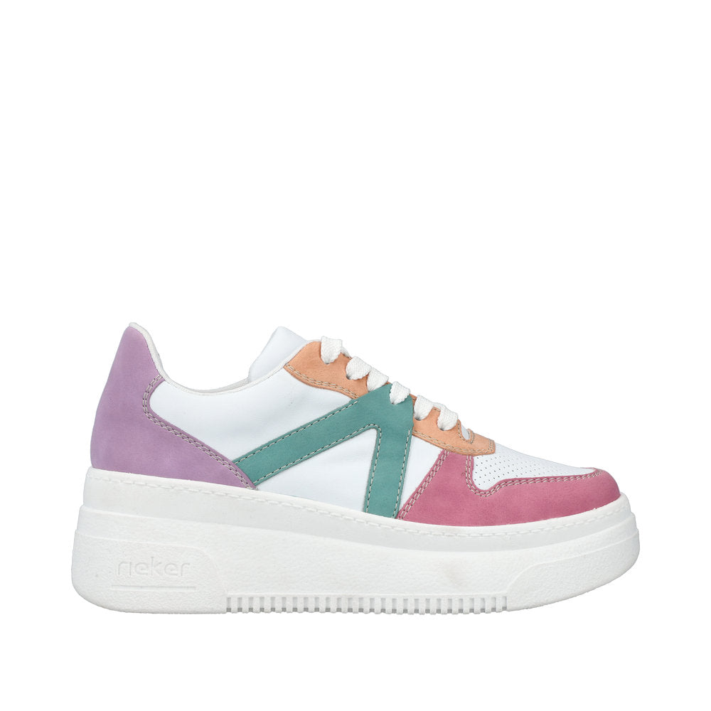 Rieker M7814-90 women's multi-color lace-up trainers with chunky white sole, pastel pink, purple, teal, and beige accents.
