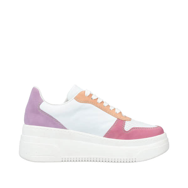 Rieker M7814-90 women's multi-color lace-up trainers with pastel pink, peach, purple accents, chunky white sole, stylish casual footwear.