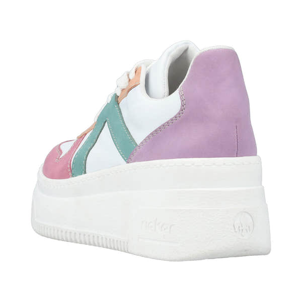 Rieker M7814-90 ladies multi-colored lace-up trainers with pastel pink, purple, white, and mint green details, chunky white sole.