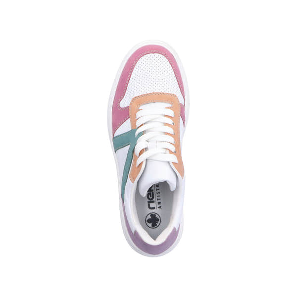 Rieker M7814-90 women's multi-colored lace-up trainers with white sole and perforated toe cap.