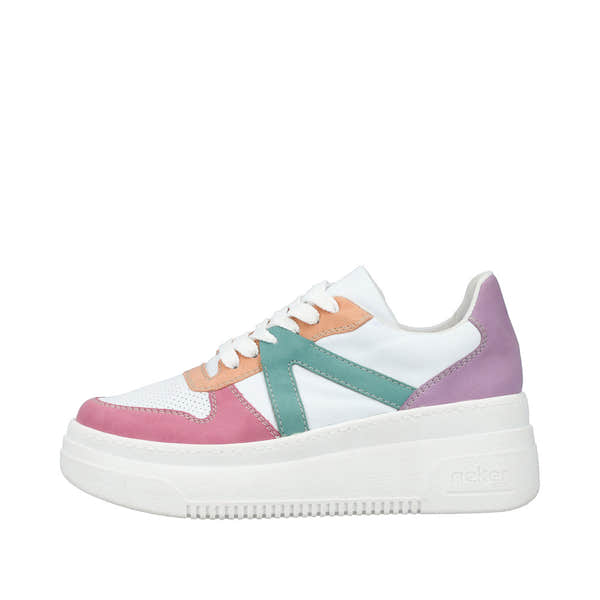 Rieker M7814-90 women's multicolor lace-up trainers with pastel pink, peach, teal, and lavender accents, chunky white sole.