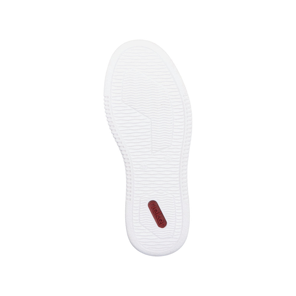 Rieker M7814-90 women's multi lace-up trainers with white sole and red logo detail, casual slip-on sneaker for everyday wear.