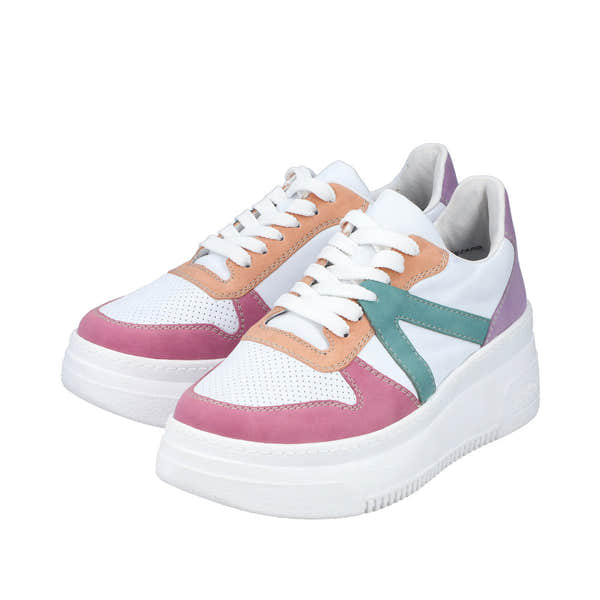 Rieker M7814-90 women's multi-color lace-up sneakers with chunky white sole and pastel accents.