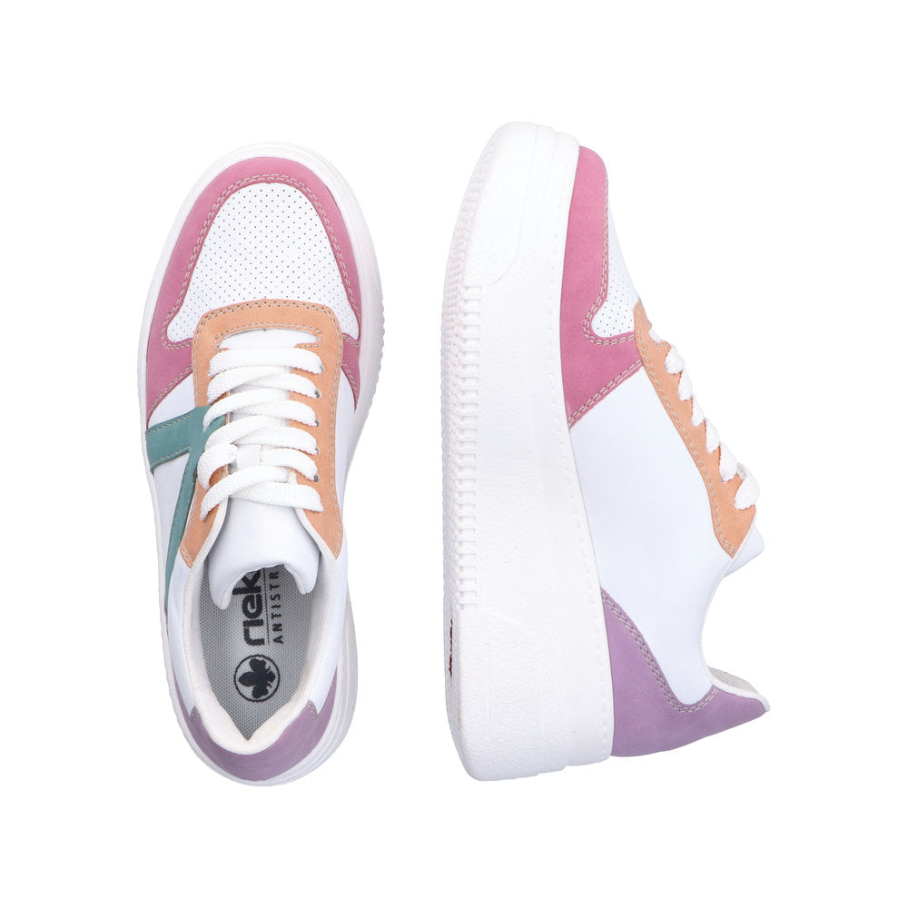 Rieker M7814-90 women's multi-color lace-up trainers with white soles, pink, peach, purple, and teal accents, casual sporty footwear.