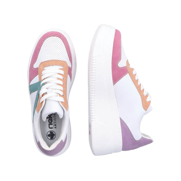 Rieker M7814-90 women's multi-color lace-up trainers with white soles, pink, peach, purple, and teal accents, casual sporty footwear.