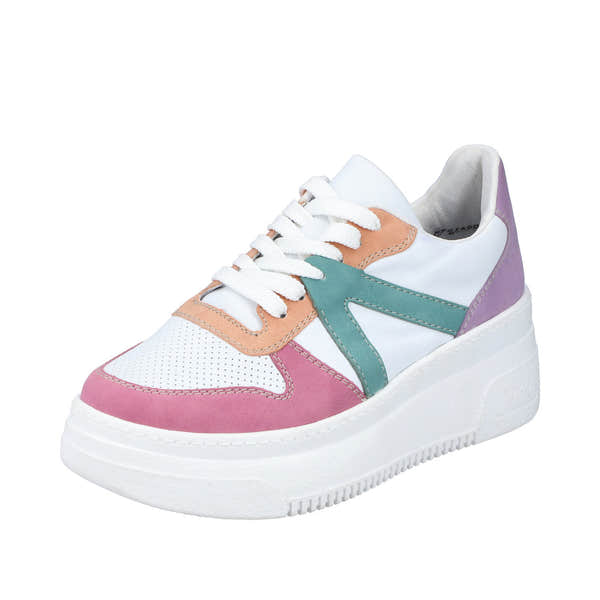 Rieker M7814-90 women's multi-color lace-up trainers with white sole, featuring pink, purple, beige, teal, and white accents.