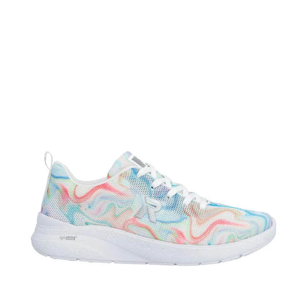 Rieker ladies' vegan lace-up trainers with multi-colored marble-patterned textile upper and white sole.