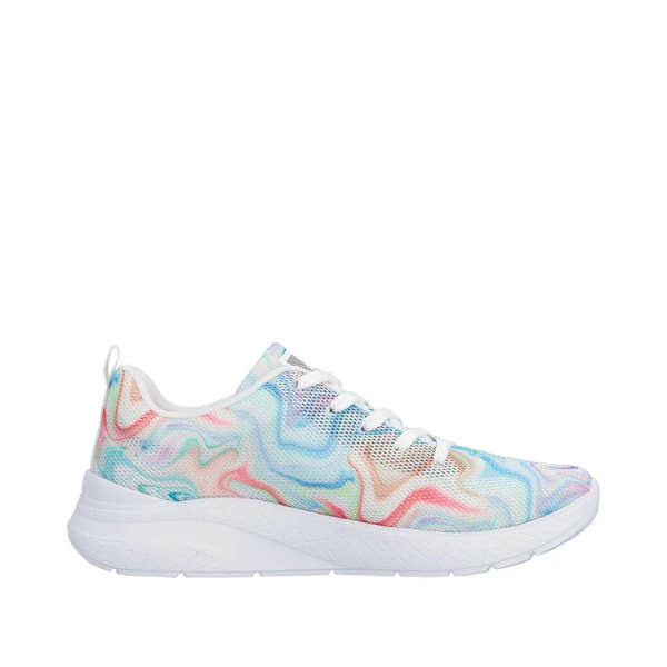 Rieker M8500-90 women's multi-color textile vegan lace-up trainers with a white sole and colorful abstract pattern.