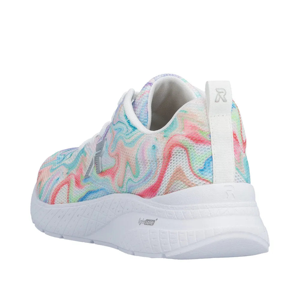 Rieker M8500-90 women's multi-colored vegan textile lace-up trainers with a white lightweight sole and pull-tab.
