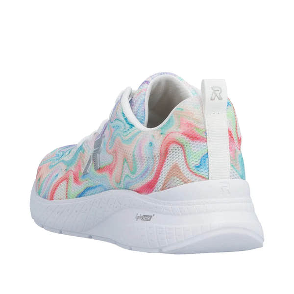 Rieker M8500-90 women's multi-colored vegan textile lace-up trainers with a white lightweight sole and pull-tab.