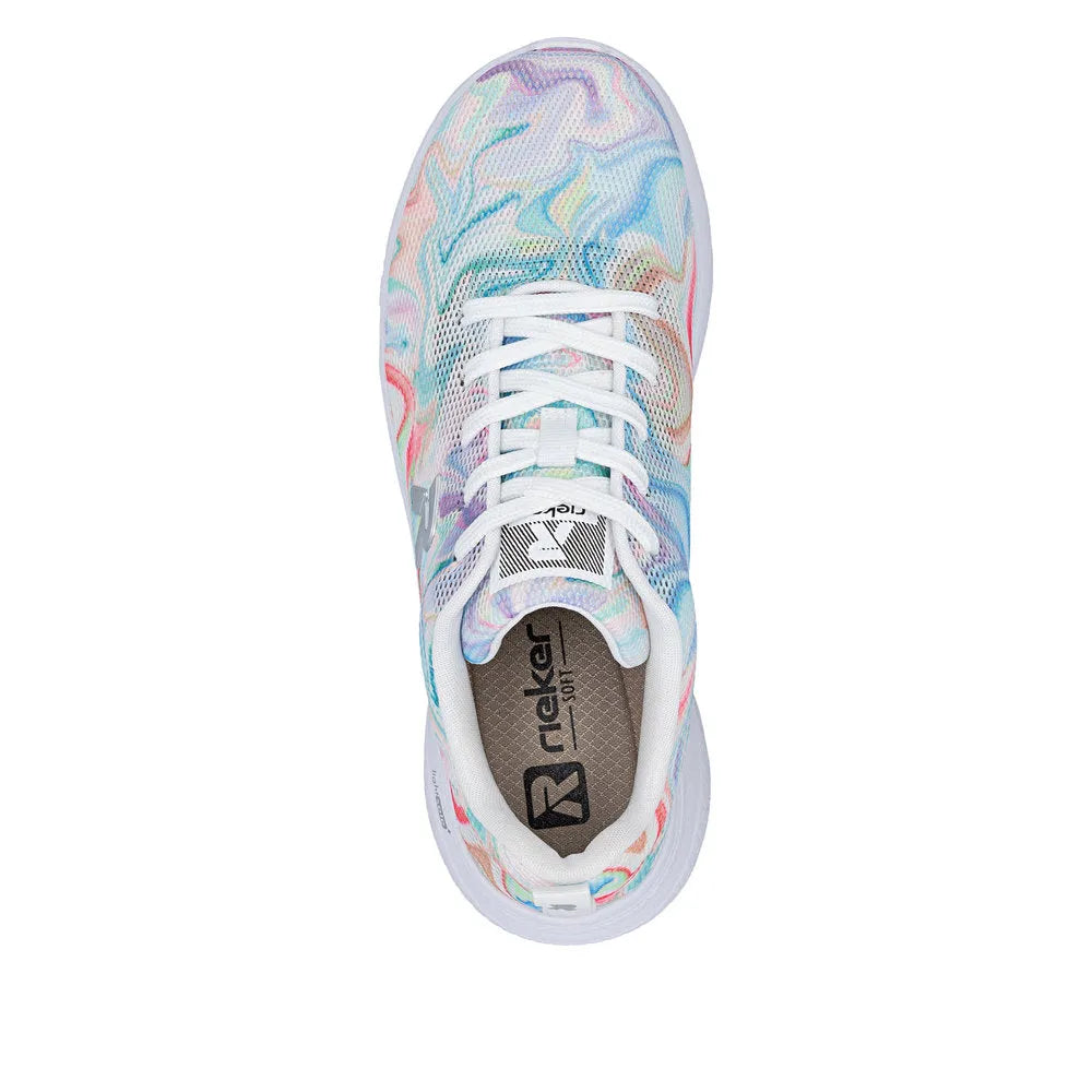 Rieker M8500-90 ladies multi-colored vegan textile lace-up trainers with white laces and sole, slip-on design, and breathable mesh upper.