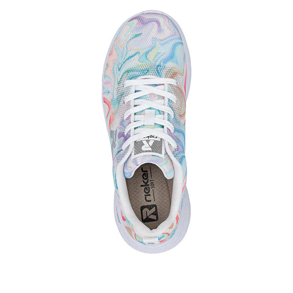 Rieker M8500-90 ladies multi-colored vegan textile lace-up trainers with white laces and sole, slip-on design, and breathable mesh upper.